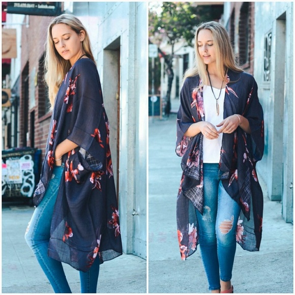 AJ's Threads Accessories - Floral Print Kimono Shawl-Charcoal